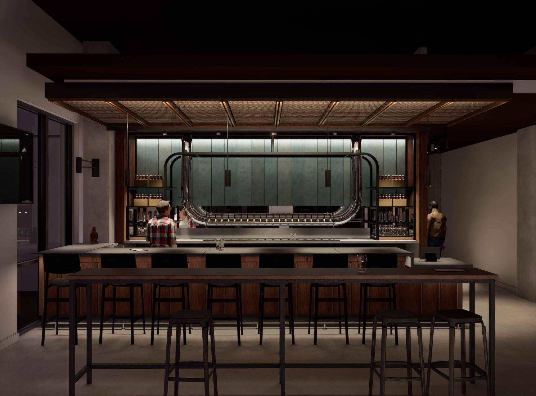 Rendering of the Libations beer and wine counter with stools and display shelving